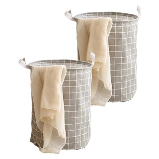 折疊帆布洗衣籃 Set 2個, 大容量收納, 加厚手把, 內層防水面料, 33 x 42cm, 灰底方格, 1組