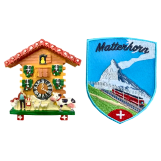 A-ONE 匯旺 瑞士奶牛羊咕咕鐘紀念磁鐵 + 瑞士馬特洪峰小火車燙布貼 2個, C63 + 193