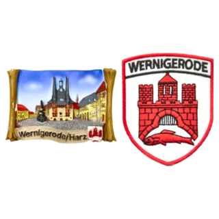 A-ONE 匯旺 德國韋爾尼格羅德磁鐵燙布貼組 辦公室冰箱裝飾 薩克森地標紀念品 1組 磁鐵:2.95 x 1.97inches 布藝徽章:2.5..., 磁鐵:2.95 x 1.97inches，布藝徽章:2.5 x 3.1inches