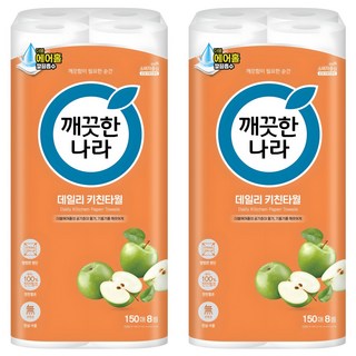 깨끗한나라 데일리 천연펄프 키친타월, 150매, 16개