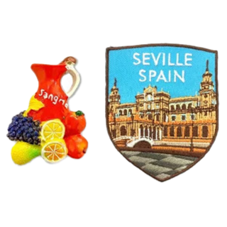 A-ONE 匯旺 西班牙果酒生活家居磁鐵 + 西班牙 塞維利亞刺繡布標, 2.05 x 2.68吋 + 2.5 x 3.1吋, 西班牙果酒生活家居 + 塞維利亞刺繡布標