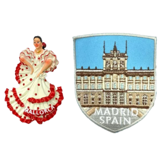 A-ONE 匯旺 西班牙馬略卡島舞女外國地標磁鐵 + 西班牙 馬德里皇宮肩章 2件組, C146+251, 2.20 x 3.43吋 + 2.5 x 3.1吋