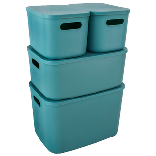 FAmILyLIFE 生活 可疊加提式撞色系 收納盒 附蓋 4件組, 湖水綠, 1組