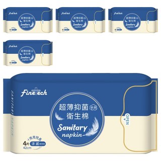 Finetech 釩泰 超薄抑菌夜用特長型衛生棉 涼感 42cm, 4片, 5包