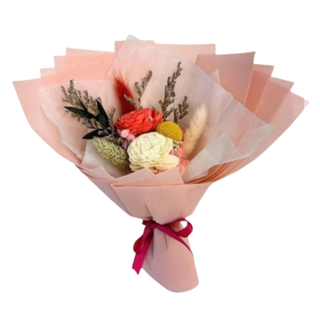 A-ONE 匯旺 白紅索拉玫瑰花，黃色大球花 繡球花 永生花束 Q款，花束含包裝紙尺寸約25 x 25公分, 彩色