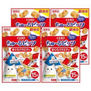 INABA CIAO 啾嚕 迷你捲心肉泥 Set 15入 貓零食, 鮪魚+扇貝, 180g, 4包