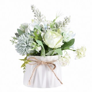 éclat 人造北歐ins風迷你療癒陶瓷麻繩小盆栽 桌面裝飾 清新 增添生活品味, 兔耳綠牡丹 白色 + 綠色, 1個