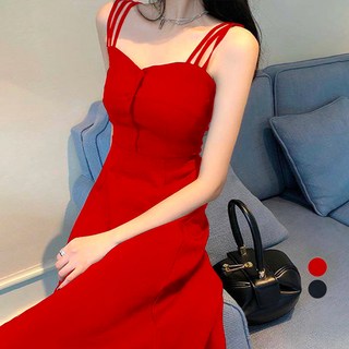 ViVEMO 三條肩帶無袖馬甲連身裙 00892 含大尺碼, 紅色