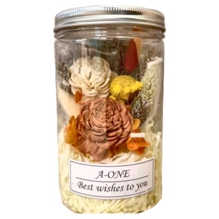 A-ONE 匯旺 永生花乾燥花罐 AE-FC21 U款 白焦糖索拉玫瑰花黃色大球花繡球花 60g, 彩色