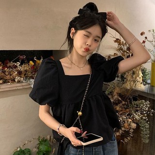 Elso 女款方領寬鬆燈籠袖賓客穿搭約會穿搭襯衫