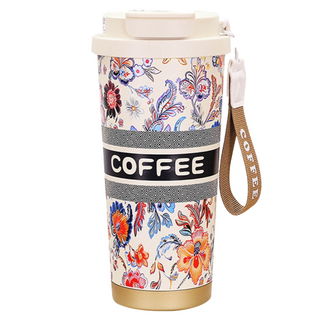 316不鏽鋼雙飲晶瓷咖啡隨行杯, 1個, 500ml, 白色花語