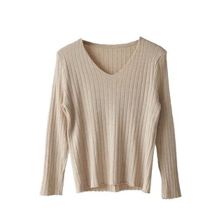 氣質神柔軟坑條針織上衣 V領長袖, 肩寬36cm 胸寬42cm 全長54cm, 杏色