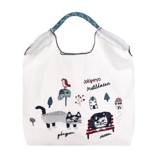 kUSUgURU JAPAN 日本眼鏡貓 手提包 環保袋日本刺繡尼龍購物袋 Matilda san款, 白色