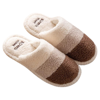 ego life 毛絨條紋拼色包頭保暖防滑室內拖鞋, 38~39, 咖啡色, 1雙
