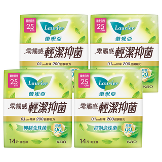 Laurier 蕾妮亞 台灣公司貨 零觸感特薄輕潔抑菌衛生棉, 4包, 14片, 量多日用型 25cm