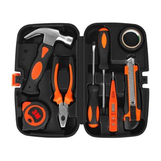 家用工具 五金工具套組 9件, 絕緣膠帶 + 十字螺絲刀 + 羊角錘 + 美工刀 + 家用顯示電筆 + 一字螺絲刀 + 鋼絲鉗 + 捲尺 +手提箱, 1組