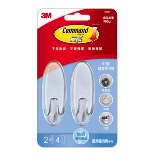 3M Command 無痕 掛鉤 37091 中型 2個, 透明色, 1組