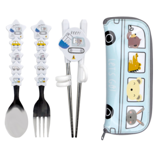 韓國製 兒童噗噗挖土機學習筷餐具組, 1組, 白色, 學習筷 + 湯匙 + 叉子+ 拉鍊收納盒