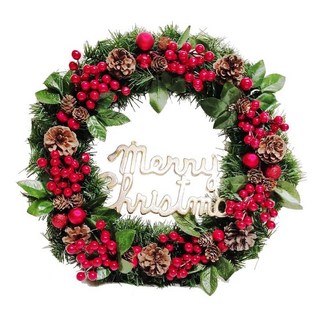 摩達客 台製歐風典雅大地盛宴紅球果松果聖誕花圈 福臨圈 20吋 吊掛裝飾, 紅色 + 綠色, 1組