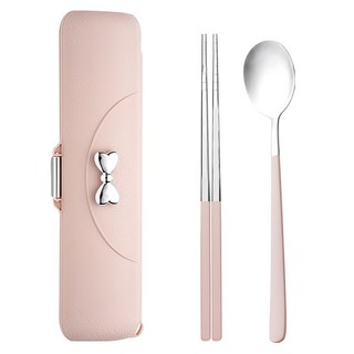 德利生活 蝴蝶結304不鏽鋼餐具2件套 粉色 湯匙筷子套裝, 1組