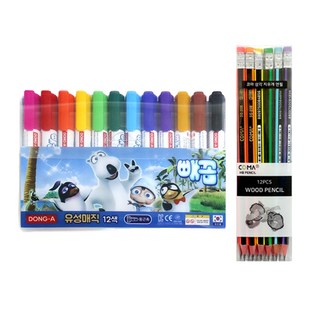 Dong-A 探頭油性麥克筆 12色 + Tucobi 三角橡皮擦鉛筆 SG-208 12支組, 混合色(油性麥克筆), 混合色(橡皮擦鉛筆), 1套