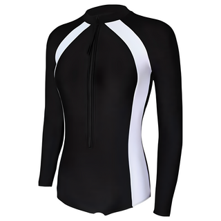 成人拉鍊連體長袖泳衣 有墊, XL, 黑底白條