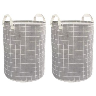 折疊帆布洗衣籃 Set 2個, 大容量收納, 加厚手把, 內層防水面料, 33 x 42cm, 灰底方格, 1組