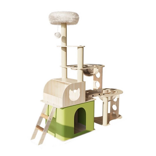Horla 賀啦 生活家具用品 綠屋雙艙帶梯貓跳台 多功能設計 玩法多樣 牛津布抓柱 耐磨又耐抓, 綠色 + 原木色, 1個
