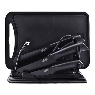 廚房黑刃全套不鏽鋼刀具7件組 多功能家用刀具組合, 1組, 切片刀 + 廚師刀 + 水果刀 + 剪刀 + 削皮刀 + 刀架 + 菜板