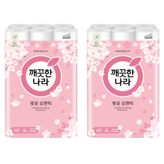 깨끗한나라 벚꽃 로맨틱 천연펄프 3겹 고급롤화장지, 27m, 30개입, 2개