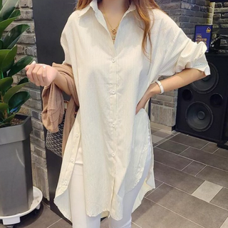 ATTERLIC 女款寬鬆斜開衩長袖長版襯衫 14374