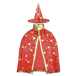 摩達客 萬聖節聖誕派對五角星斗篷女巫帽Set 帽子高35cm 帽圍50cm 長79cm, 紅色 + 金色, 1組