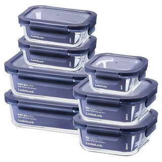 LocknLock 樂扣樂扣 Glass Indigo 耐熱玻璃保鮮盒 盒身 + 上蓋 7件組 海軍藍, 320ml + 370ml 2個 + 800ml 2個 + 1040ml 2個, 1組