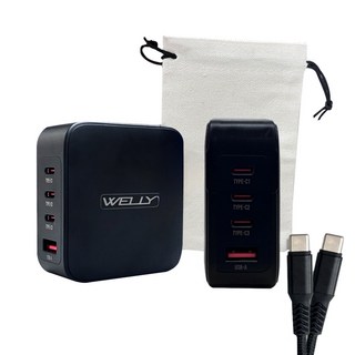 WELLY 威力家 氮化鎵 四孔極速充電組 140W GaN晶片 雙Type-C線 收納袋, 黑色, 1組