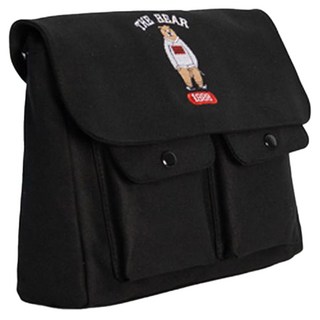 Juvelo 熊熊雙口袋簡約斜背信差包 附小熊, 黑色