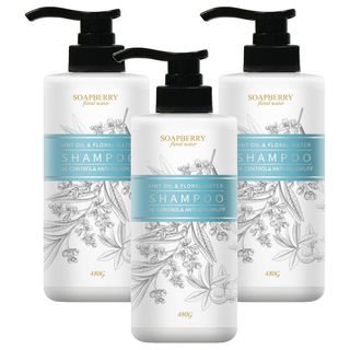 SOAPBERRY 古寶無患子 舒爽薄荷控油去屑純露洗髮精，穩定頭皮，深層清潔，保濕蓬鬆，適合一般及中油性髮質, 480g, 3瓶