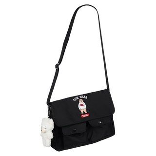 Juvelo 熊熊雙口袋簡約斜背信差包 附小熊, 黑色