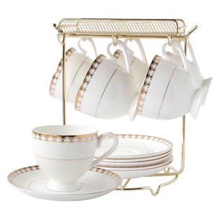 JUST HOME 御禮骨瓷六入咖啡杯盤組 附收納架(附禮盒), 金色, 1組