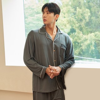 DS DOSSY 男士蜜桃絨素色翻領長袖睡衣上下套裝