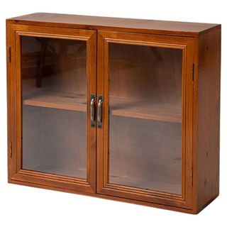 樂嫚妮 復古實木收納雙門櫃 2層 透明玻璃展示櫃, 木色