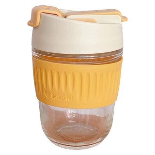 雙飲彈蓋吸管玻璃咖啡杯, 350ml 雅菊黃, 1個