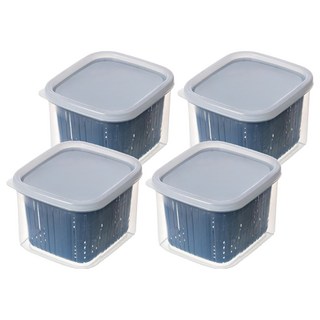 大容量分隔收納保鮮盒 4入 瀝水隔層 間距可調, 藍色, 1組