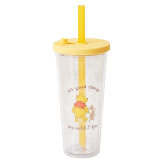 norns 迪士尼 雙層透明吸管杯 14歲以上 杯子上寬10.2 x 底寬6.6 x 高22cm 吸管直徑1.2 x 26.5cm, 小熊維尼 黃色, 710ml, 1個