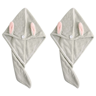 簡約文字兔耳乾髮帽 加厚珊瑚絨, 灰色, 1組