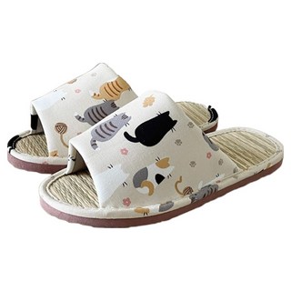 TAIWAN SLIPPER 台灣犀利趴 小日常 真草蓆室內拖鞋 貓咪晨會 米色 MIT台灣製造, M(26cm), 1雙