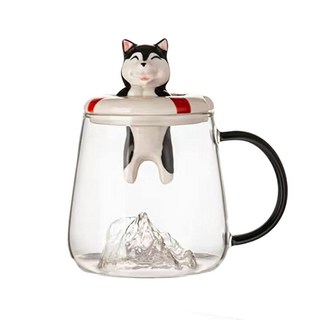 可愛狗狗馬克杯, 泳圈哈士奇, 380ml, 不鏽鋼保溫杯, 黑色, 1個