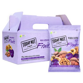 TODAY NUT 水果乾堅果隨身包禮盒, 烤杏仁, 烤腰果, 核桃, 葡萄乾, 梅子乾, 600克(20克 X 30包), 1盒