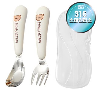 원더파파 유아용 귀여운 캐릭터 수저 + 포크 + 케이스 세트, 화이트곰돌이, 1세트