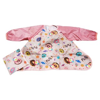 PUKU 藍色企鵝 長袖防漏魔吸圍兜 附收納袋，防水透氣，吸盤設計, 甜點粉, 1組