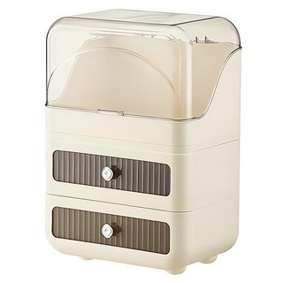 奶油風三層化妝品收納盒 上蓋防塵 立體手把 多層抽屜, 透明茶色, 1個